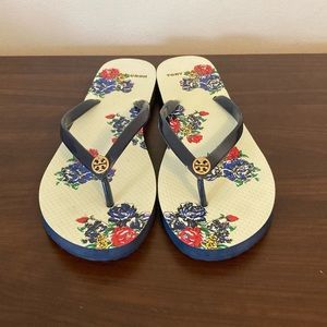 Tory Burch Floral Blue & Red Flip Flops Sandals Never Worn Size 10